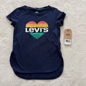 Levis Kids 5 Rainbow Heart Logo Tee Navy Short Sleeve NWT Pinpoint Tag Hole 4-5Y